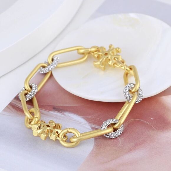 NWT Tory Burch Gold Link Circle Crystal Logo Bracelet - Picture 1 of 6
